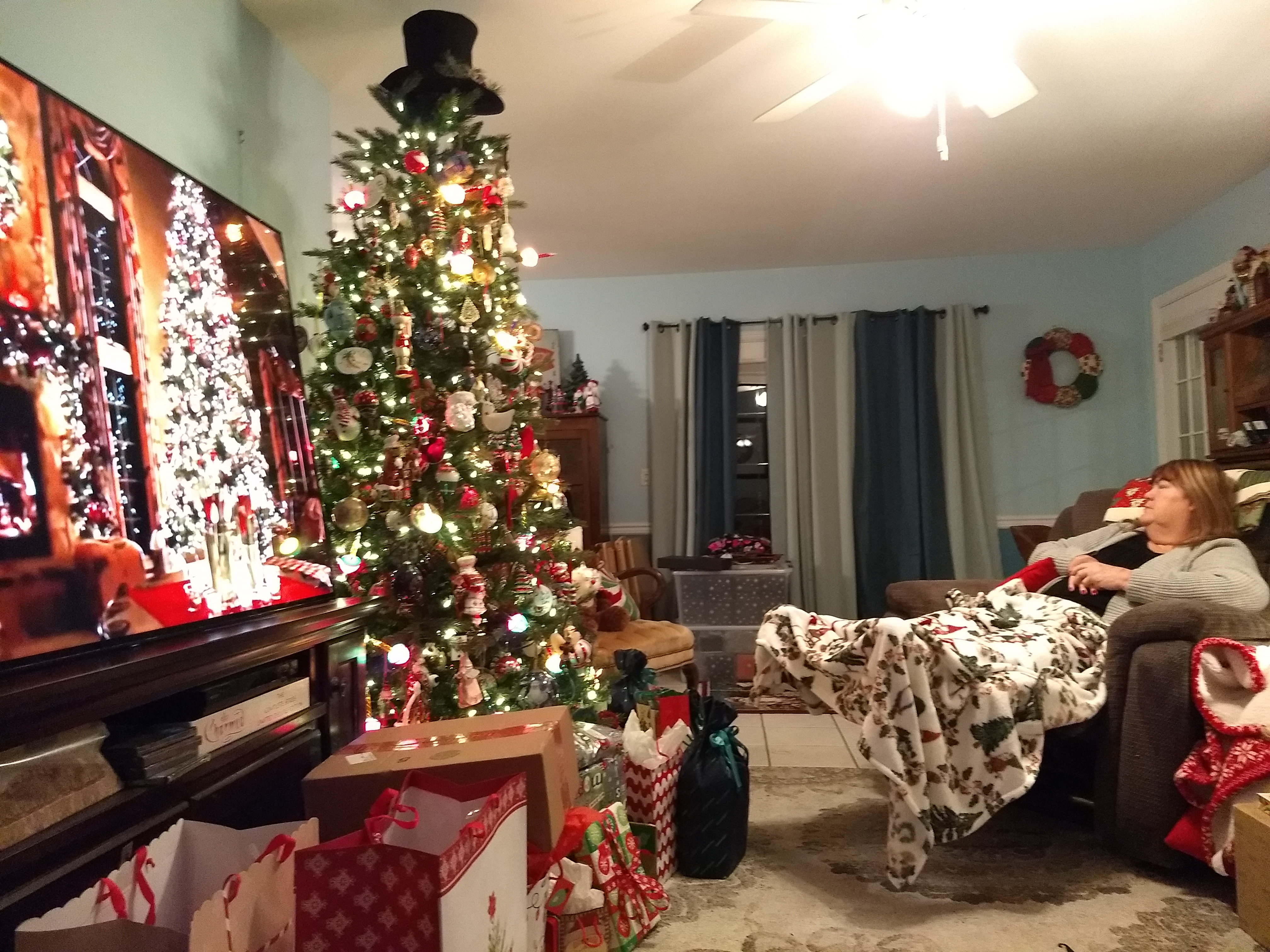 Pat enjoying a cozy Christmas in Maryland